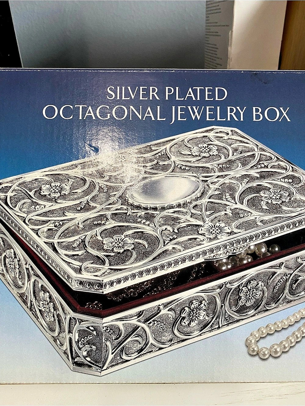 NIB Vintage Godinger Silver Plated Octagonal Jewelry Box Red Velvet